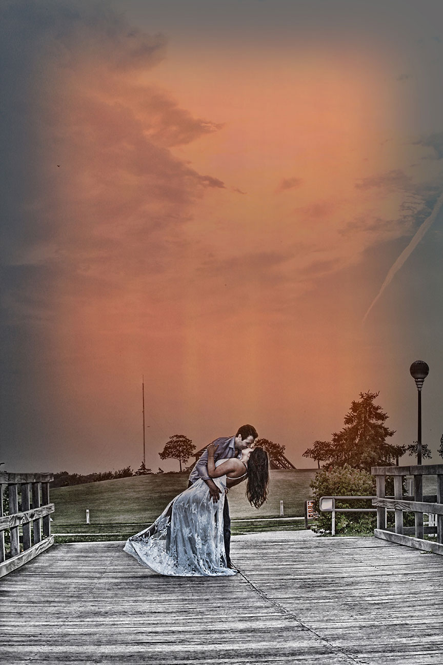 beautiful hand painted golden hour sunset engagement photo at Maumee Bay State Park