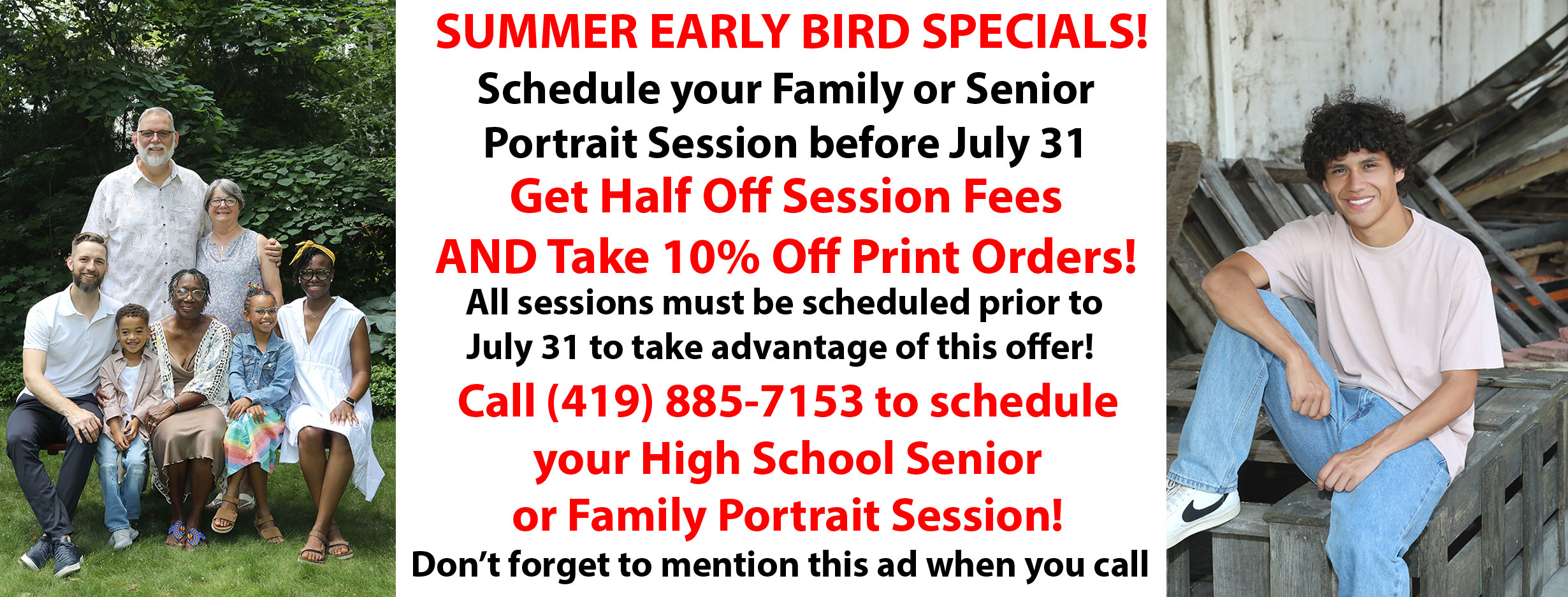 Toledo Photographer Discounts for Family Photos and High School Senior Portraits for early summer photo shoots