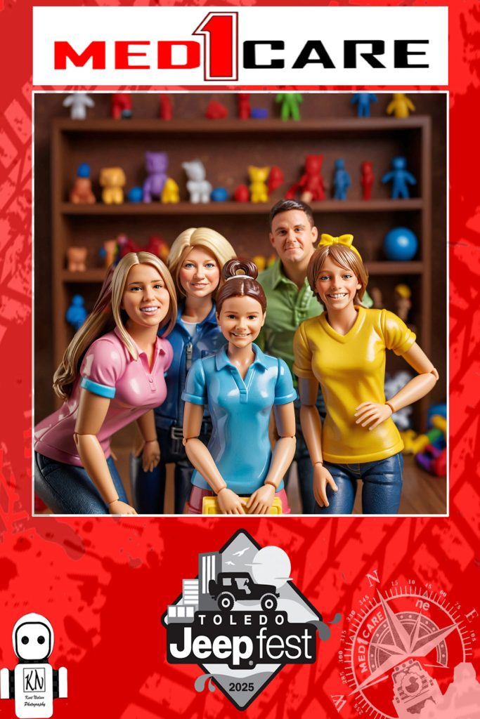 AI generated action figure doll family created from actual family photo taken by Rosie the AI Robot Photo Booth