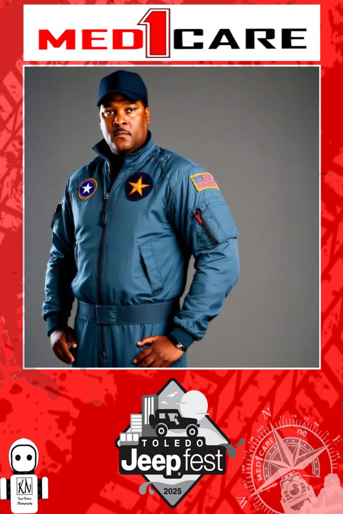 AI generated image of a fighter pilot created using Rosie the AI Robot Photo booth at JeepFest