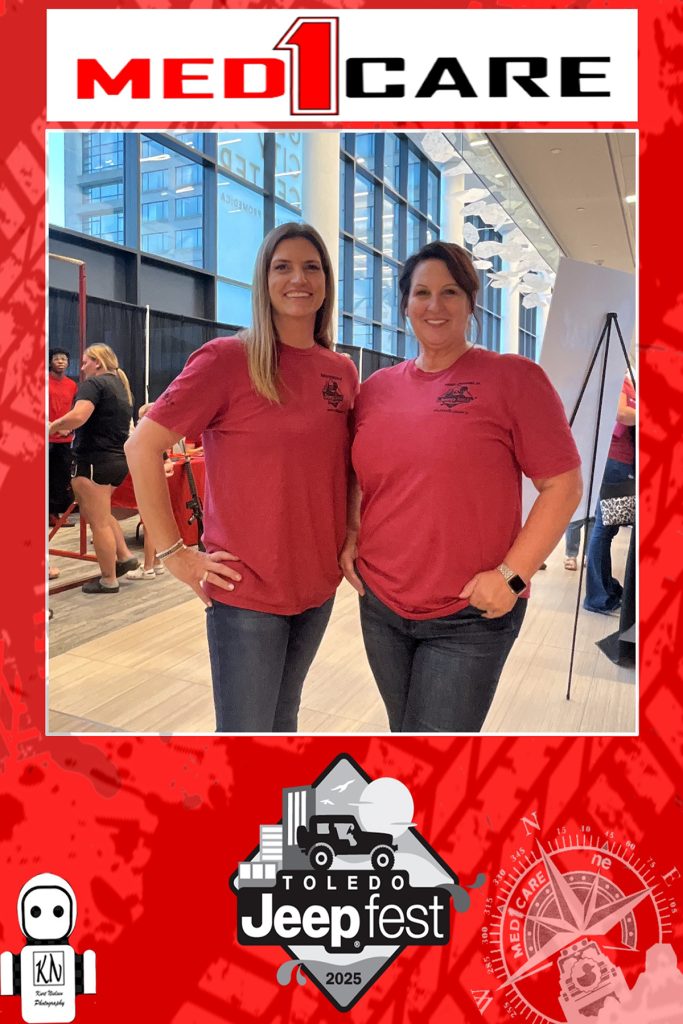 Katie and Terri from Med1Care posing for a photo taken by Rosie the AI Robot Photo Booth