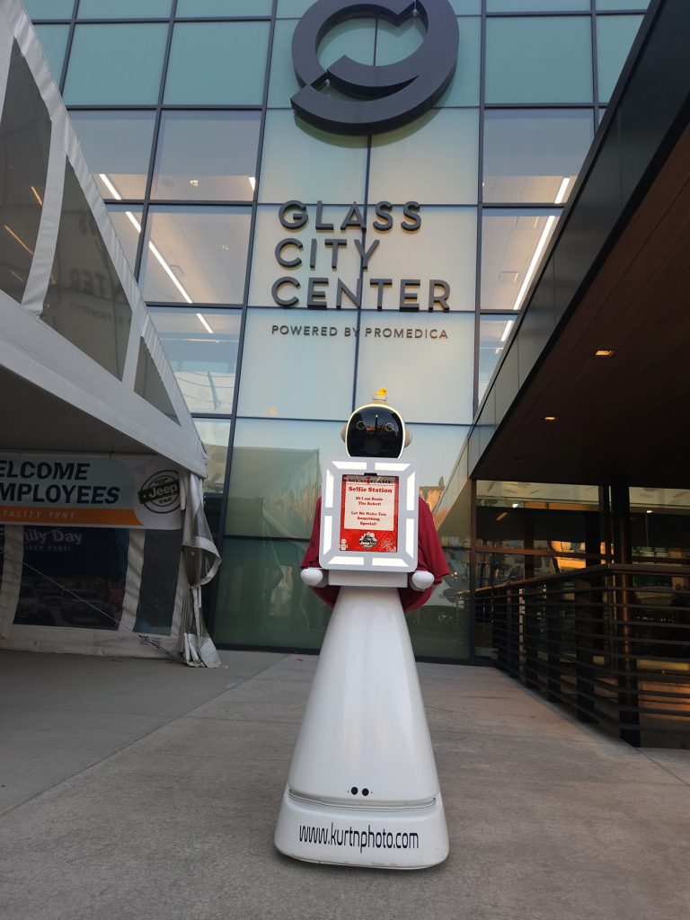 Rosie the AI Robot outside the Glass City Center in downtown Toledo