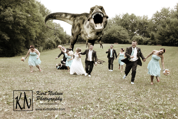Dinosaur chasing wedding party