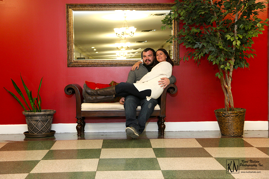 engagement photography in the lobby of the Commodore Perry Apartments 
