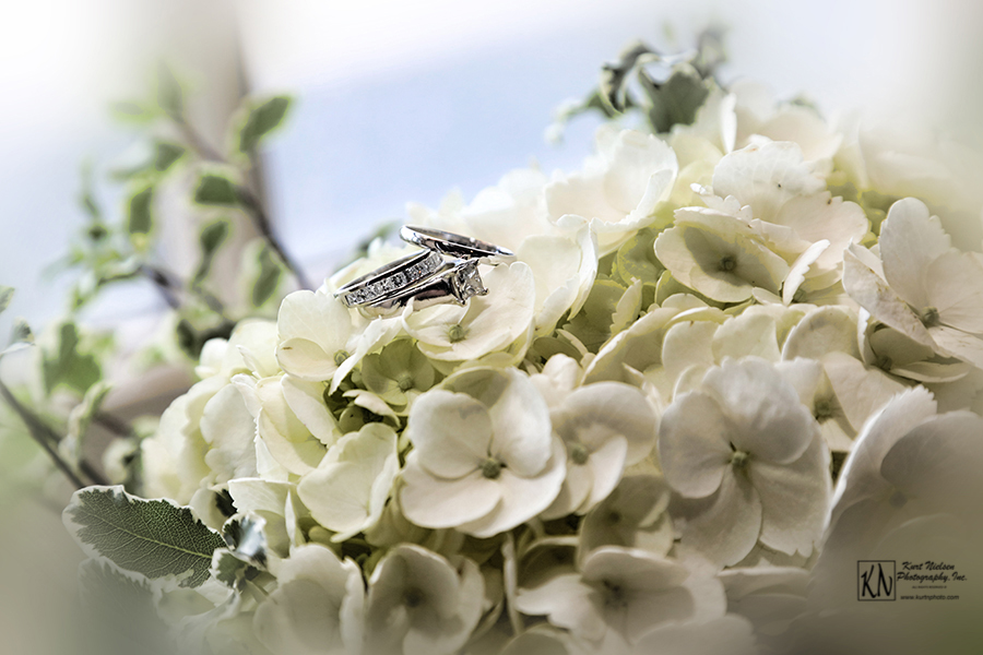 wedding rings and bridal bouquet 