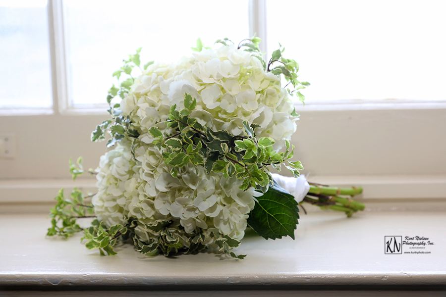 white hydrangea and green ivy bridal bouquet