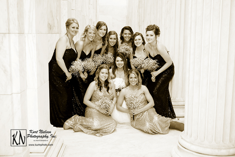 formal wedding party picture of bridesmaids with bride