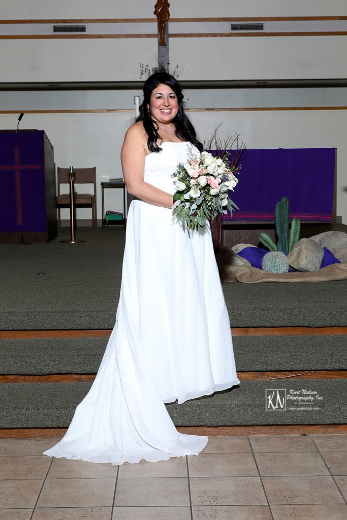 wedding dress and bouquet