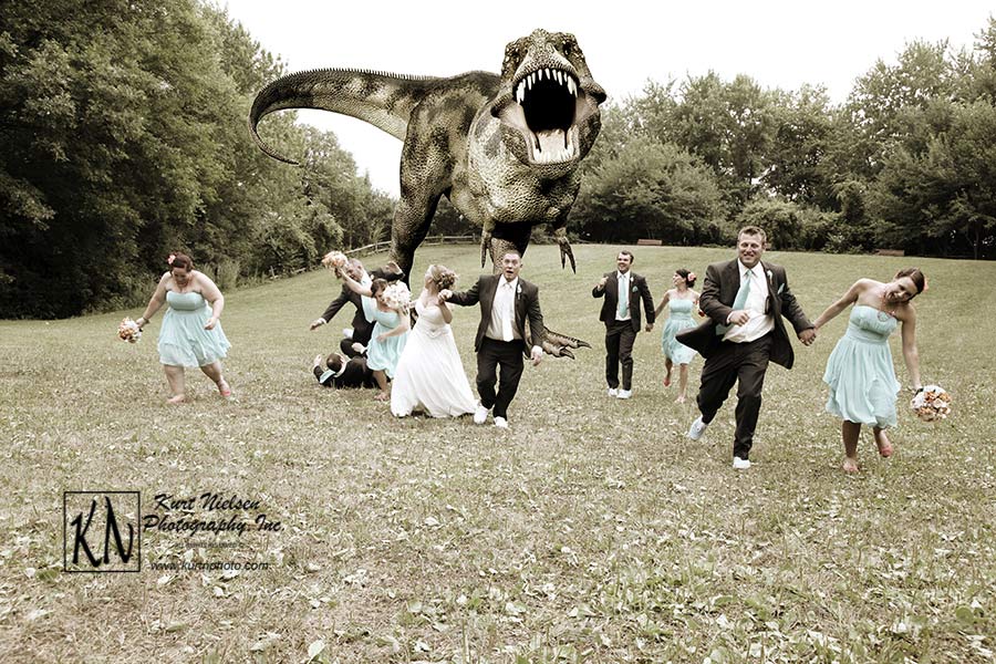 Fun Wedding Photo with a Dinosaur