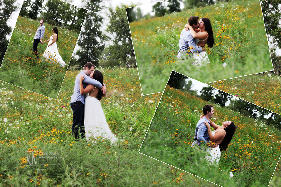 engagement photos taken in a field of wildflowers