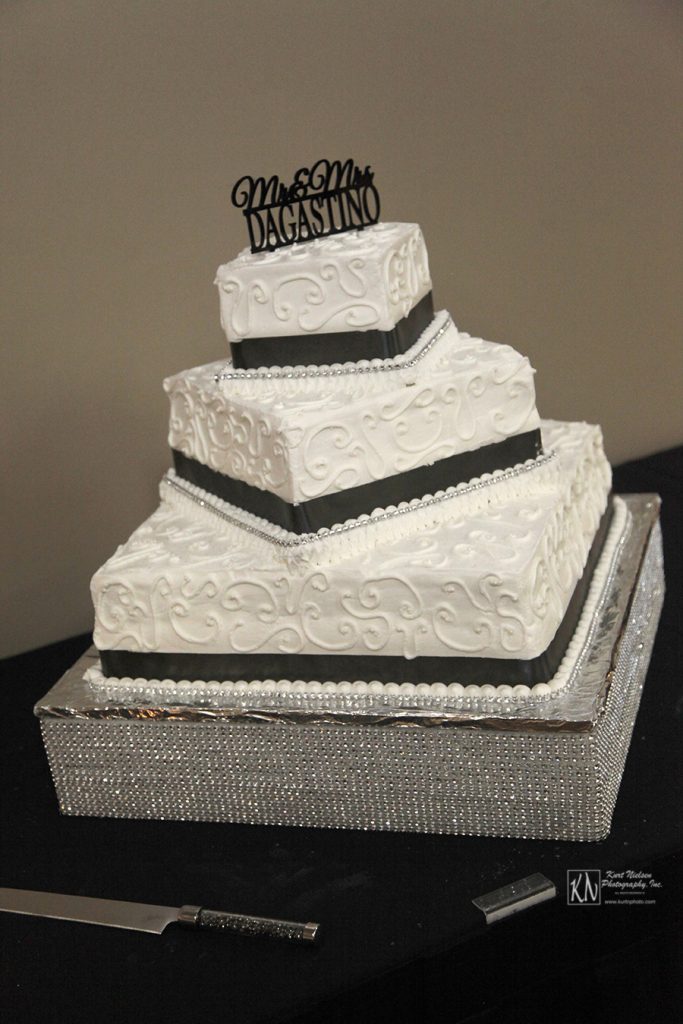 3 tier black and white square wedding cake